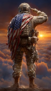 Soldier saluting at sunset with American flag on shoulders overlooking clouds in a patriotic tribute photo