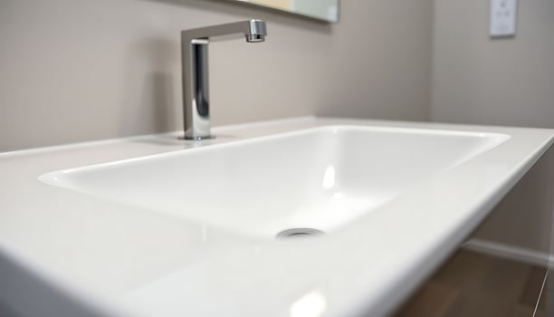 A white bathroom sink with a chrome faucet photo