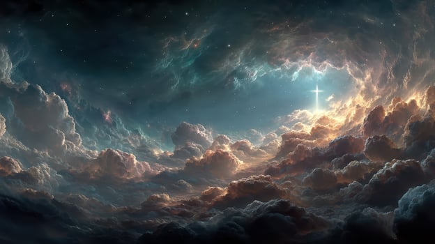Stunning celestial landscape featuring dramatic clouds and a luminous cross during twilight photo