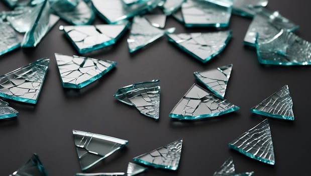 Scattered shards of reflective mirror on a dark background creating an abstract composition of broken reflections and sharp edges photo