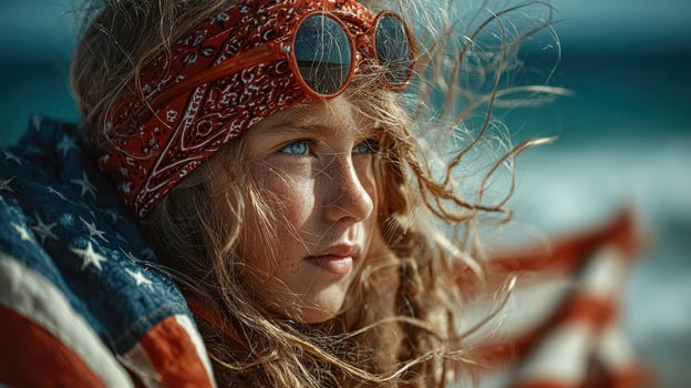 Child with long hair wearing red bandana, reflecting on the beach with American flag background during golden hour photo
