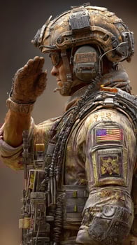 Soldier in camouflage uniform saluting with pride while standing in a dusty environment during a military operation photo