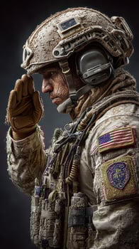 Soldier saluting in combat gear with U.S. flag displayed during a somber remembrance event photo