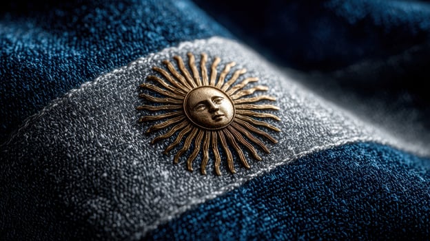 Detailed close-up of the Argentine flag featuring the sun emblem representing national pride and identity photo