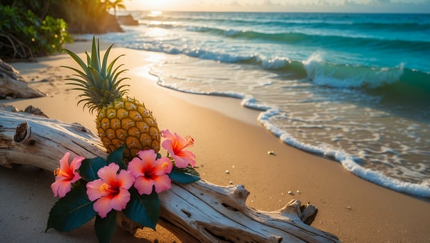 Pineapple and Hibiscus Flowers on Beach Driftwood at Sunrise photo