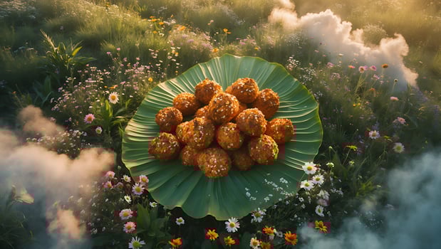 Savory Balls on Leaf in Field with Flowers and Mist photo