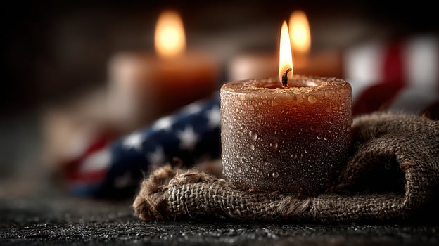 Warm glow of candles on textured fabric with droplets and a soft background photo