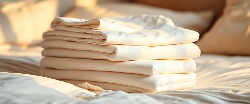 stack of folded sheets on a bed photo
