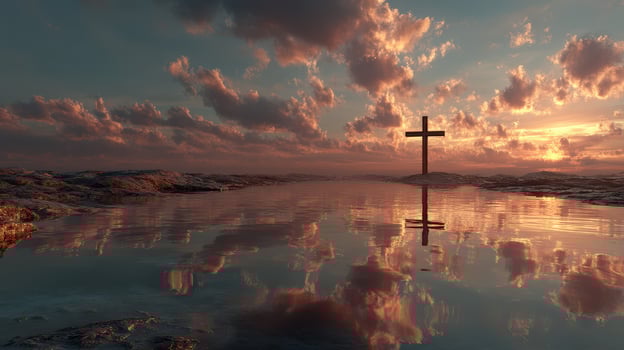 Sunset reflection with a cross over water in a serene landscape photo