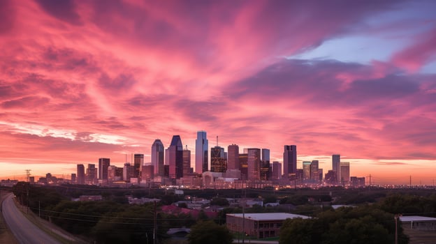skyscrapers pink sunset clouds photo