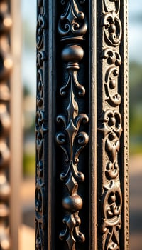 close up of a metal fence with a street in the background photo