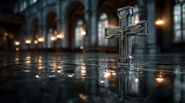 Bronze cross stands on polished stone floor in historic cathedral illuminated by soft golden light photo