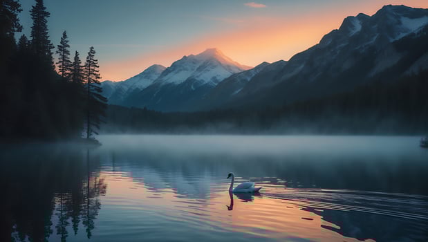 Swan on a Mountain Lake at Sunrise photo