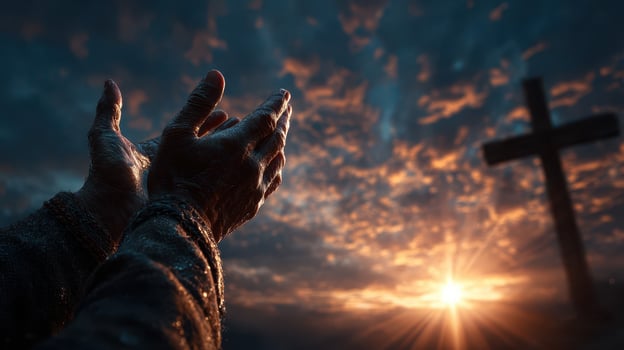 Hands raised in prayer during a sunset, highlighting spiritual devotion and hope near a cross photo