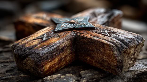 Intricate wooden cross with metallic details resting on weathered wood in a rustic setting photo