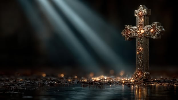 Cross shining in dim light with reflections on wet ground creating a serene atmosphere in a quiet space photo