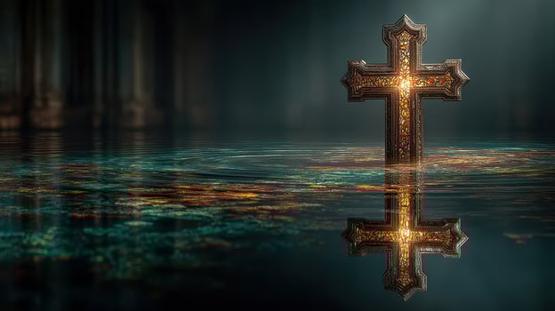 Illuminated cross rises from tranquil waters in a dimly lit sacred environment at dusk photo