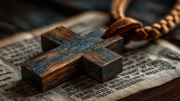 Wooden cross on aged book reflecting faith and spirituality in a serene setting photo