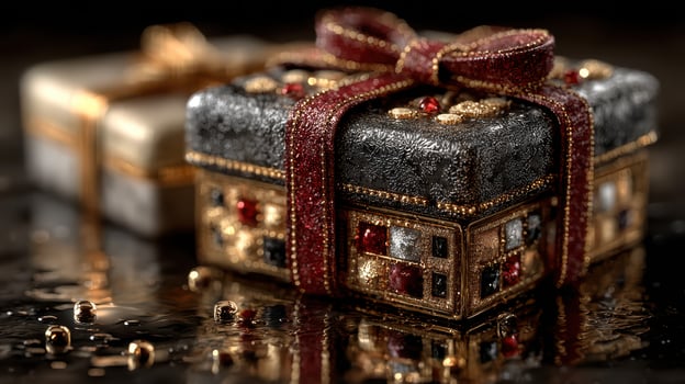Decorative gift boxes with intricate designs and shiny wrapping under soft lighting, creating a festive atmosphere photo