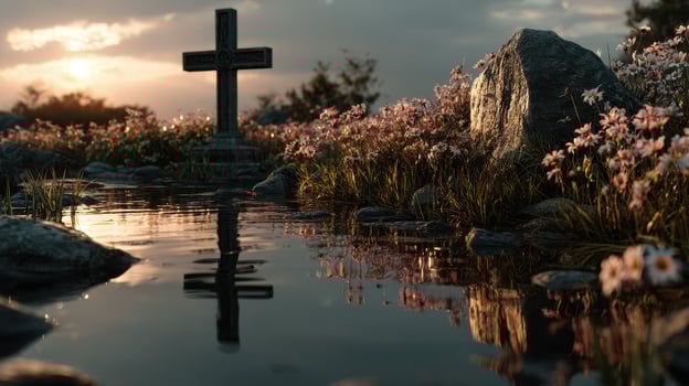 Serene landscape with a cross reflecting in water surrounded by flowers at sunset photo