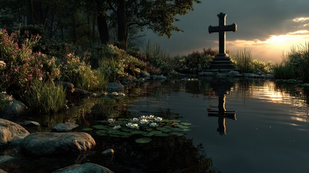 Reflection of a cross at a serene pond surrounded by blooming flowers during golden hour photo