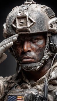 Soldier saluting with determination in dusty combat gear during military operation photo