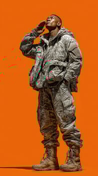 Saluting soldier in camouflage uniform against vibrant orange background photo
