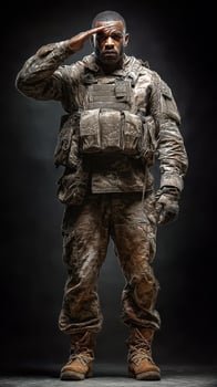 Military personnel salutes with respect during ceremonial event in a dimly lit venue showcasing bravery and commitment photo