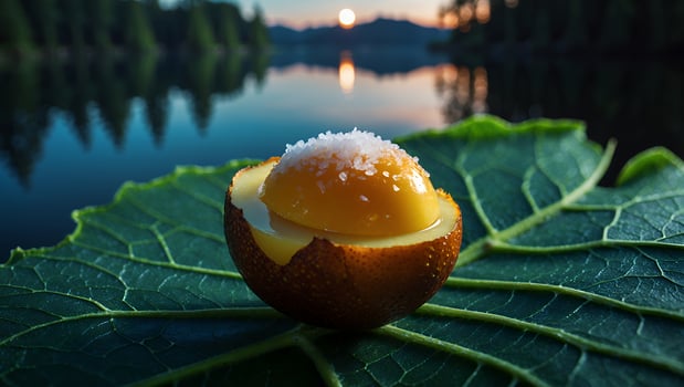 Kiwi Fruit on Leaf with Lake Background photo