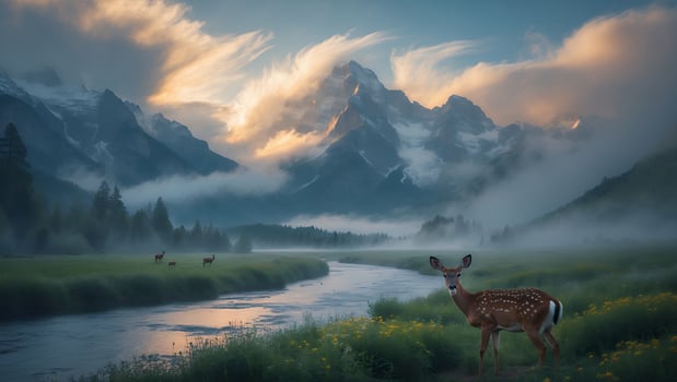 Deer in Mountain Valley Landscape with River and Clouds photo
