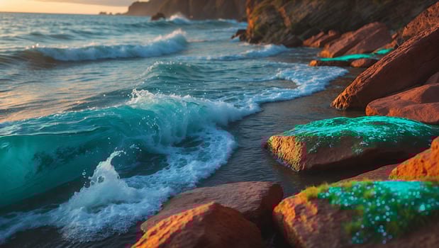 Waves Crashing on Rocky Shoreline with Sunset Glow and Aqua Highlights photo