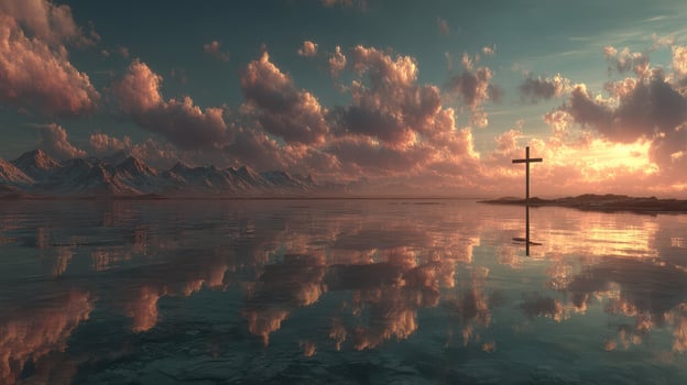 Sunset over calm waters with cross reflection and mountains in the background photo