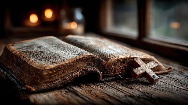 Old book with a wooden cross resting on a weathered table in a dimly lit room photo