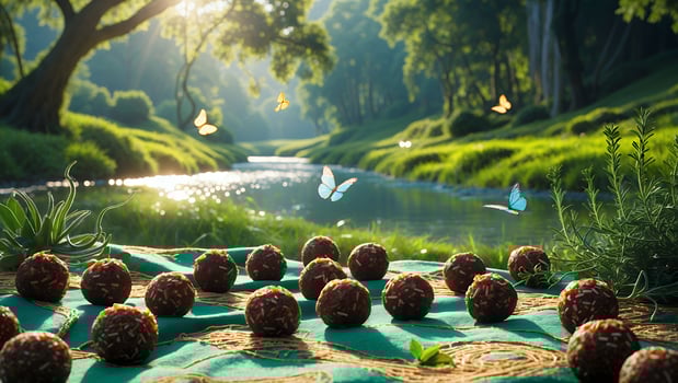 Energy Balls on Picnic Blanket with River and Butterflies Backdrop photo