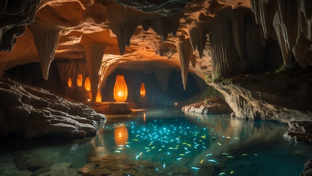 Exploring Illuminated Cave Pool Reflecting Lamps and Bioluminescent Fish Swimming photo
