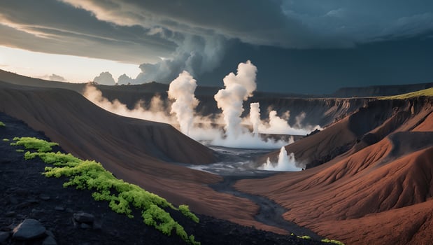 Geothermal Activity with Steam Rising From Volcanic Landscape Under Cloudy Sky photo
