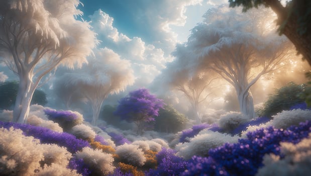 Whimsical Forest with Colorful Flowers and Ethereal Trees photo
