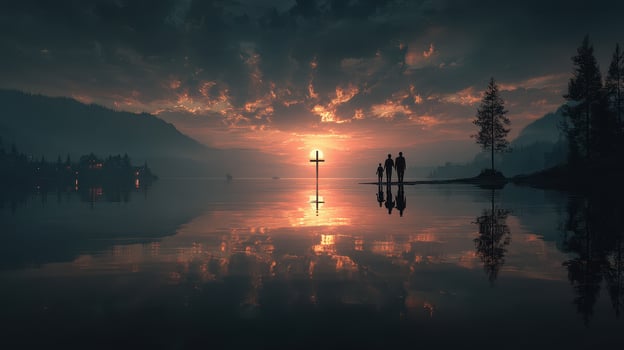 Silhouettes at sunset by a lake with reflections and a cross on the shore photo