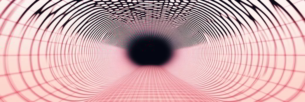 Surreal optical illusion tunnel with geometric patterns and red tint for futuristic abstract background concept in digital art design photo