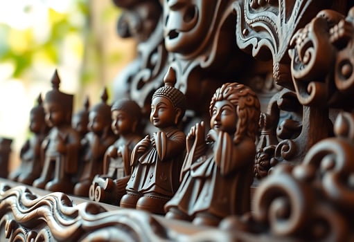 close up of a wooden carving of buddhas photo