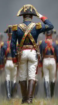 Historical reenactment of a military parade with leaders in elaborate uniforms during a cloudy day photo