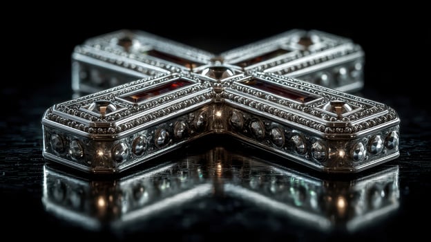 Intricate silver cross with gemstones reflecting in a dark setting captured in fine detail photo