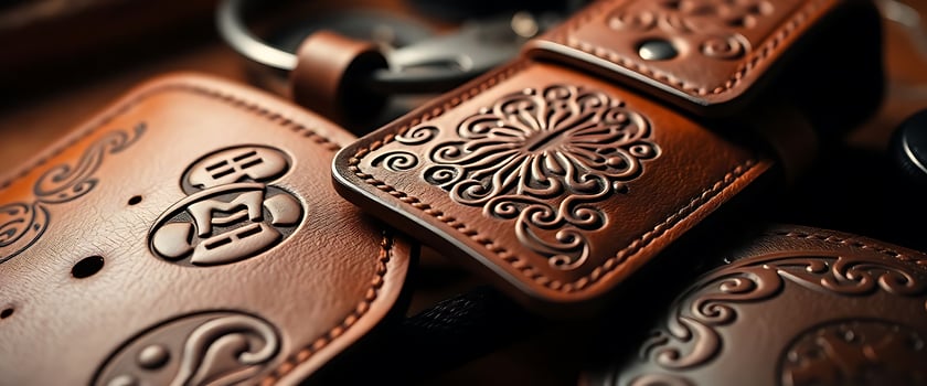 bunch of brown leather keychains sitting on top of a table photo