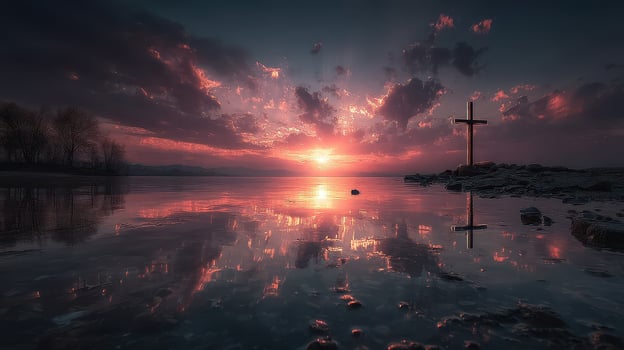 Sunset reflection on water with a cross silhouette at the shore during dusk photo