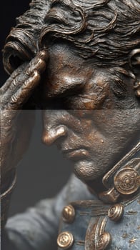 Bronze sculpture of a thoughtful military officer reflecting on duty and sacrifice during a solemn moment photo