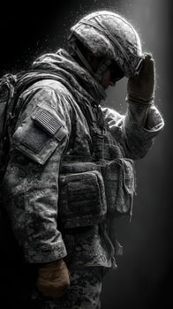 Soldier in camouflage uniform saluting with respect in a dramatic light setting photo
