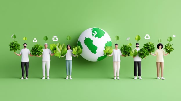 People holding plants and greenery in front of a globe symbolizing environmental awareness and sustainability photo