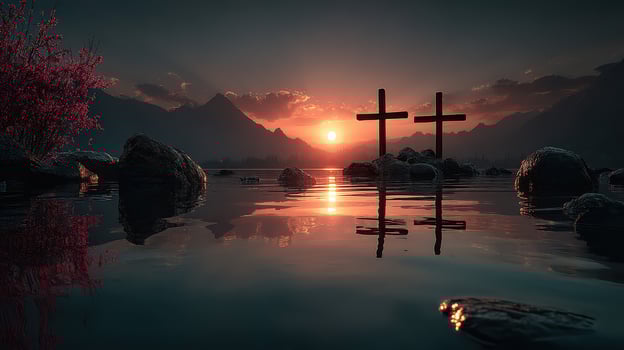 Scenic sunset reflection with crosses in tranquil water surrounded by mountains photo