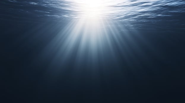 Underwater scene with sunlight filtering through water surface, creating beautiful rays and illuminating dark depths, showcasing the serene beauty of aquatic environments photo
