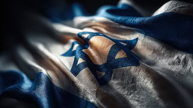 Waving Israeli flag with intricate fabric texture captured in low light setting photo